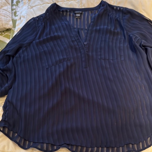 torrid Tops - Torrid Blue Relaxed Ribbed Blouse with Mandarin Collar